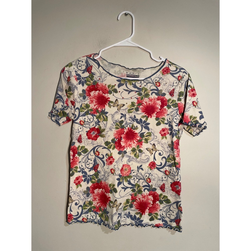 Y2K 90s Butterfly Floral Sequined Lettuce‎ Edge Hem Short Sleeve Tee SizeS Small